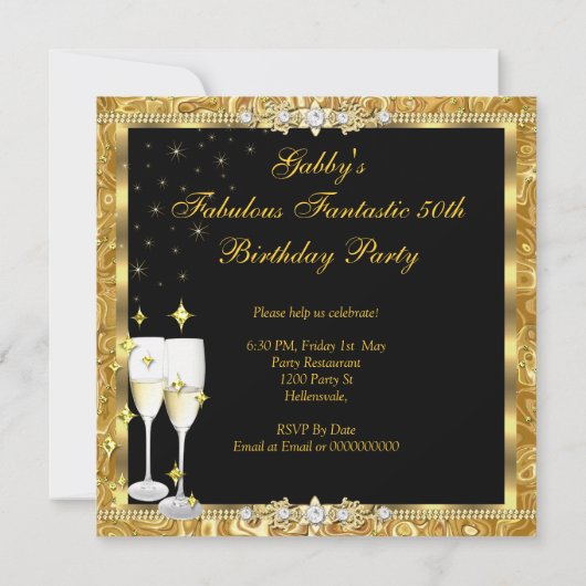 Fantastische 50 Gold Black Birthday Party 2 Einladung (Rückseite)