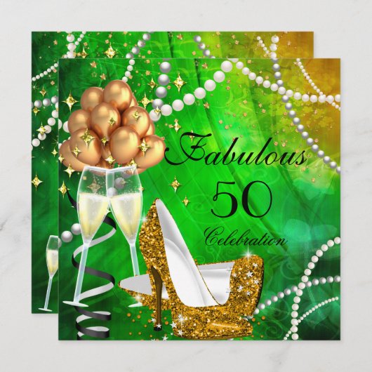 Fantastische 50 Green Gold Heelse Champagne Geburt Einladung (Vorne/Hinten)