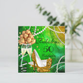 Fantastische 50 Green Gold Heelse Champagne Geburt Einladung (Stehend Vorderseite)