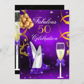 Fantastische 50 Lila Gold Heelse Champagner Party Einladung (Vorne/Hinten)