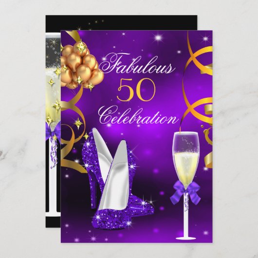 Fantastische 50 Lila Gold Heelse Champagner Party Einladung (Vorne/Hinten)
