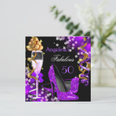 Fantastische 50 Lila Heels Goldblasen Geburtstag Einladung (Stehend Vorderseite)