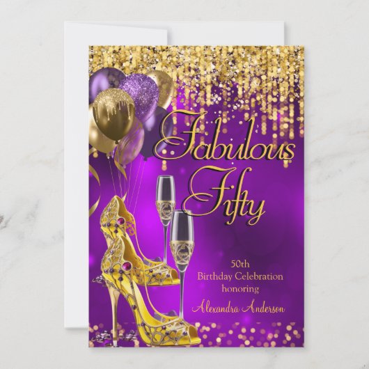 Fantastische 50. Lila Heelse Glitzer Gold Champagn Einladung (Vorderseite)