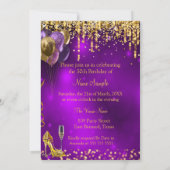 Fantastische 50. Lila Heelse Glitzer Gold Champagn Einladung (Rückseite)