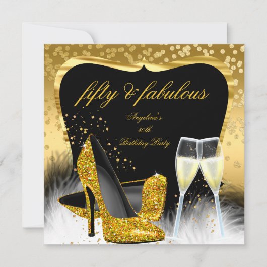 Fantastische 50 Party Gold Champagner Glitzer Heel Einladung (Vorderseite)