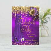 Fantastische 50 Party Lila Glitzer Gold Heelse Kle Einladung (Stehend Vorderseite)
