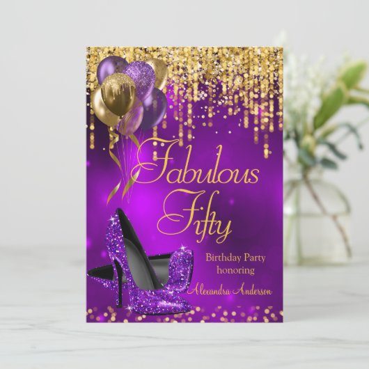 Fantastische 50 Party Lila Glitzer Gold High Heel Einladung (Stehend Vorderseite)