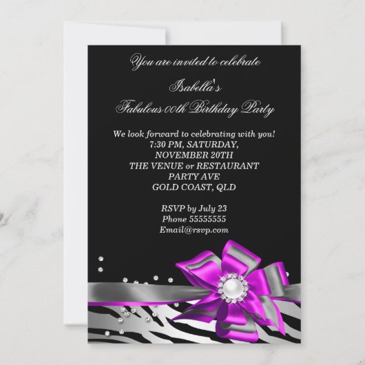 Fantastische 50 Party Pink Zebra Schwarzer Silberp Einladung (Rückseite)