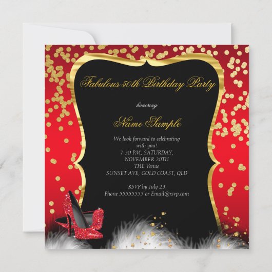 Fantastische 50 Party Red Gold Champagner Glitzer  Einladung (Rückseite)