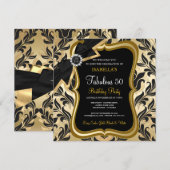 Fantastische 50 Pearl Gold Bow Black Damask Einlad Einladung (Vorne/Hinten)