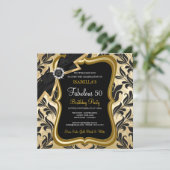 Fantastische 50 Pearl Gold Bow Black Damask Einlad Einladung (Stehend Vorderseite)