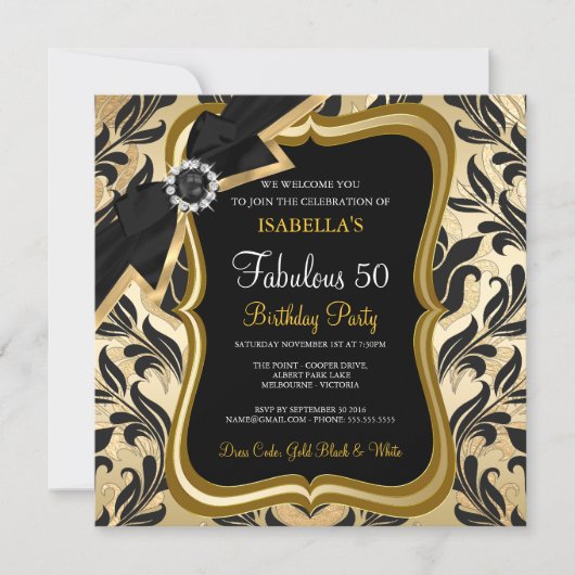 Fantastische 50 Pearl Gold Bow Black Damask Einlad Einladung (Vorderseite)