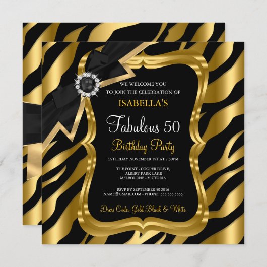Fantastische 50 Pearl Gold Bow Black Zebra Einladu Einladung (Vorne/Hinten)