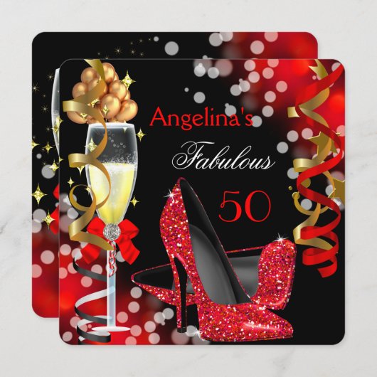 Fantastische 50 Red Heelses Gold Bubbles Geburtsta Einladung (Vorne/Hinten)