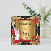 Fantastische 50 Rote Heels Blossom Schwarzer Glitz Einladung (Stehend Vorderseite)