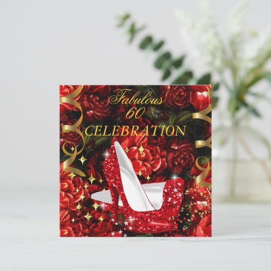 Fantastische 60 Rot-Gold-High Heels Blüte Einladung (Stehend Vorderseite)
