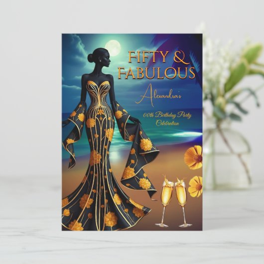 Fantastische Birthday Moonlight Beach Gelb Gold Bl Einladung (Stehend Vorderseite)