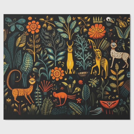 Fantastische Flora und Fauna auf dunklem Hintergru Geschenkpapier (Flach)