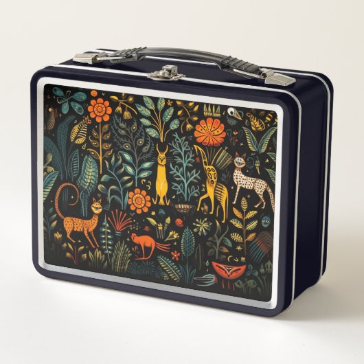Fantastische Flora und Fauna auf dunklem Hintergru Metall Brotdose (Vorderseite)