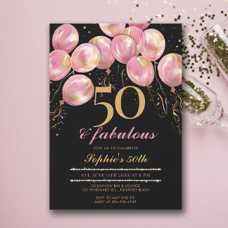 Fantastische Rosa Balloons Gold Black 50. Geburtst Einladung