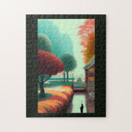 Fantastische Stadt mit goldfarbenen und grünen Blä Puzzle
