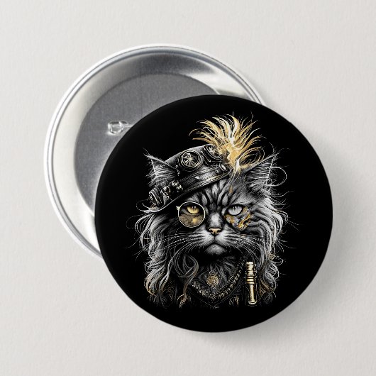 Fantastische Steampunk-Katze Button (Vorne & Hinten)