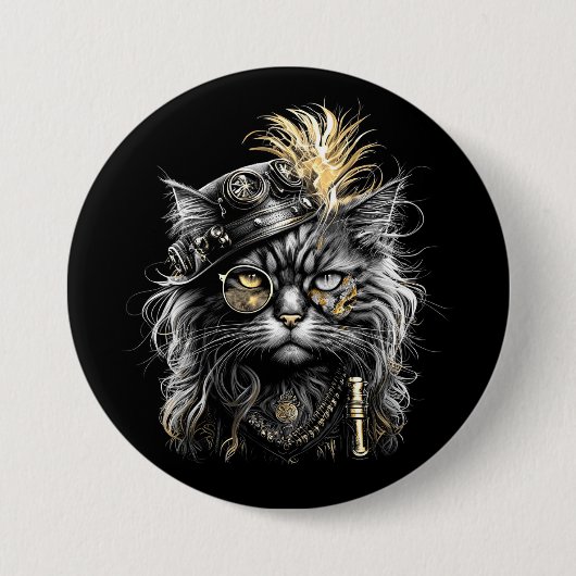 Fantastische Steampunk-Katze Button (Vorderseite)