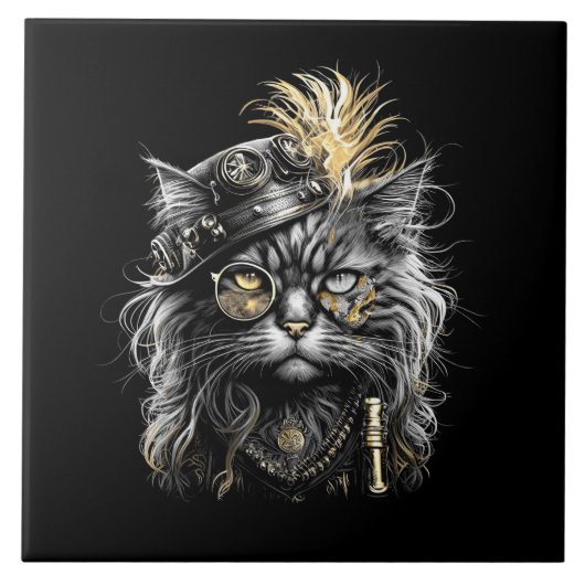 Fantastische Steampunk-Katze  Fliese (Vorderseite)
