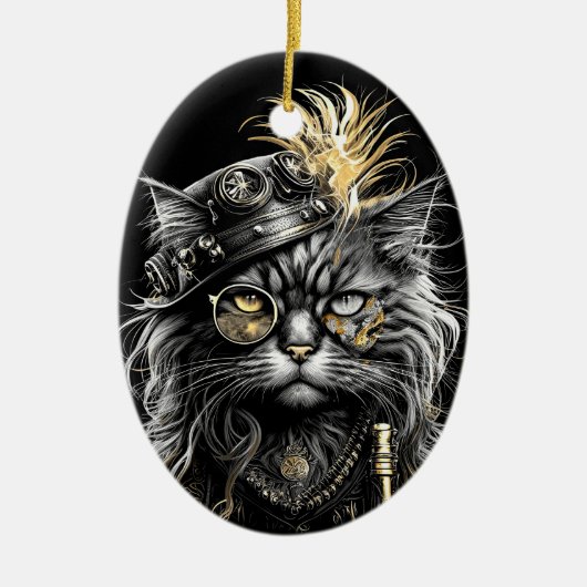 Fantastische Steampunk-Katze Keramik Ornament (Vorne)