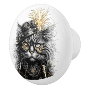 Fantastische Steampunk-Katze  Keramikknauf