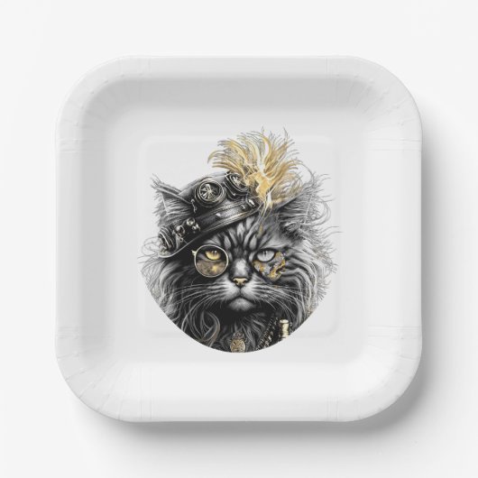 Fantastische Steampunk-Katze Pappteller (Vorderseite)