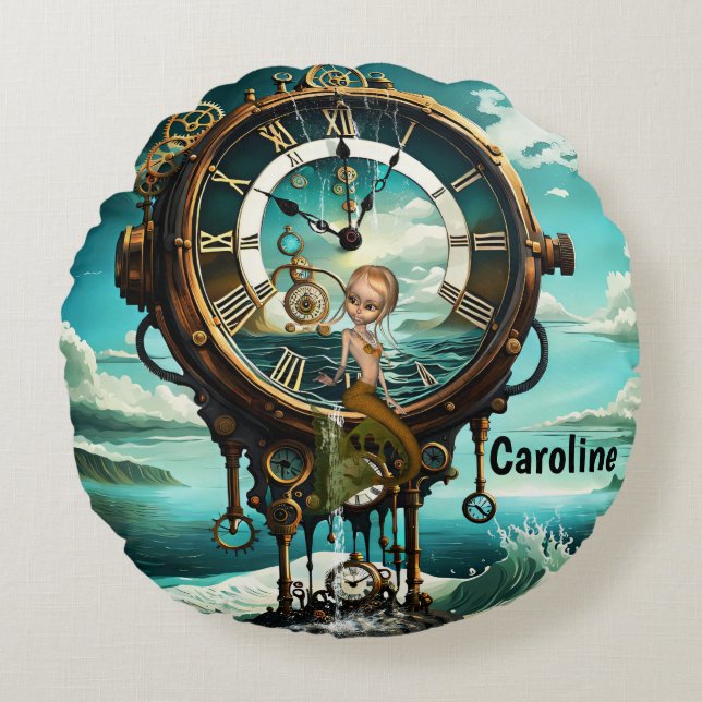 Fantastische Steampunkuhr Rundes Kissen (Vorderseite)