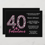 Fantastischer 40. Schwarz und Rosa Zebra Geburtsta Einladung (Vorne/Hinten)