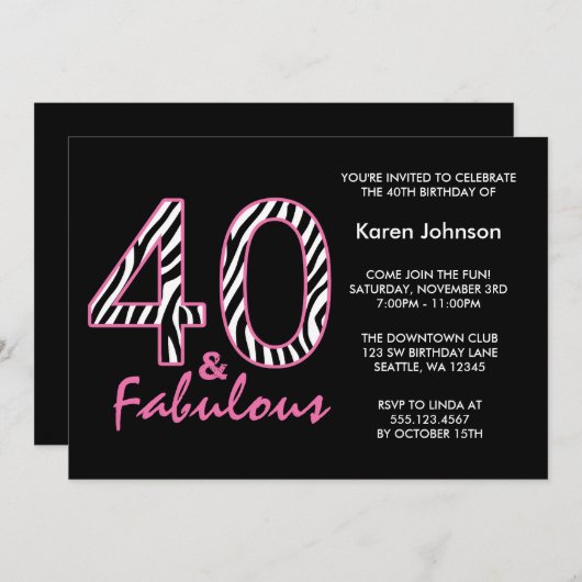 Fantastischer 40. Schwarz und Rosa Zebra Geburtsta Einladung (Vorne/Hinten)