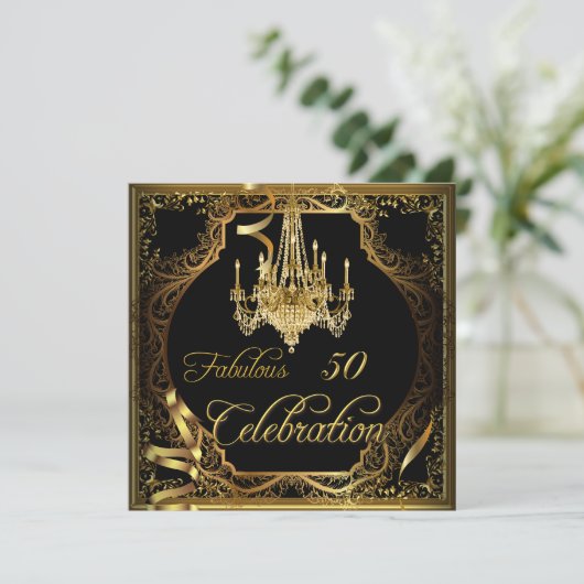 Fantastischer 50 Celebration Gold Schwarzer Kronle Einladung (Stehend Vorderseite)