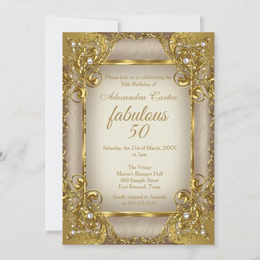 Fantastischer 50 Foto Beige Goldene Perle Geburtst Einladung (Vorderseite)