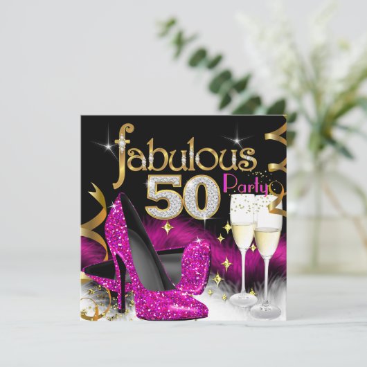Fantastischer 50. Party Glitzer Hot Pink Champagne Einladung (Stehend Vorderseite)