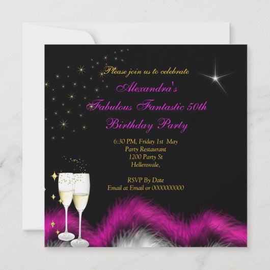 Fantastischer 50. Party Glitzer Hot Pink Champagne Einladung (Rückseite)