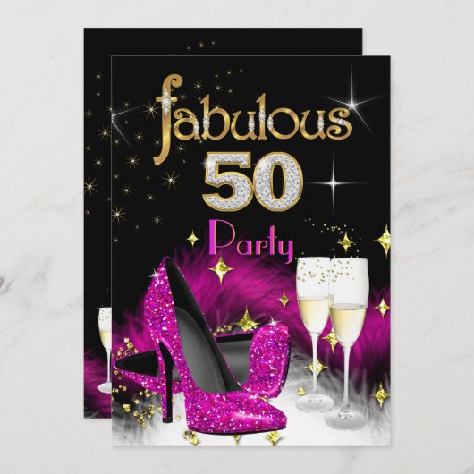 Fantastischer 50. Party Glitzer Hot Pink Champagne Einladung (Vorne/Hinten)