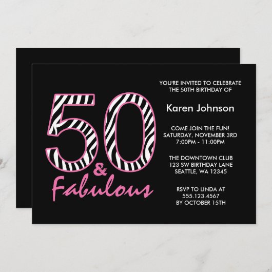 Fantastischer 50. Schwarz und Rosa Zebra Geburtsta Einladung (Vorne/Hinten)