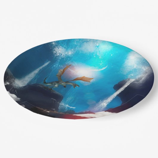 Fantastischer Drache mit Wasserfällen Pappteller (Schrägansicht)
