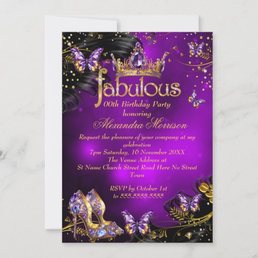Fantastischer Geburtstag lila Goldschwarzer Schmet Einladung (Vorderseite)