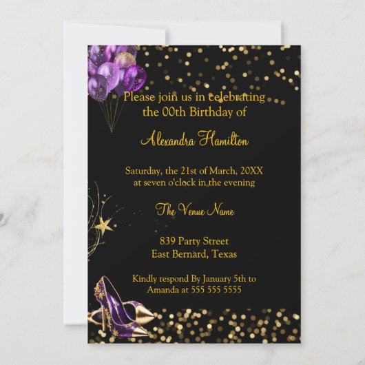 Fantastischer Glitzer Lila Gold Heels Champagner Einladung (Rückseite)