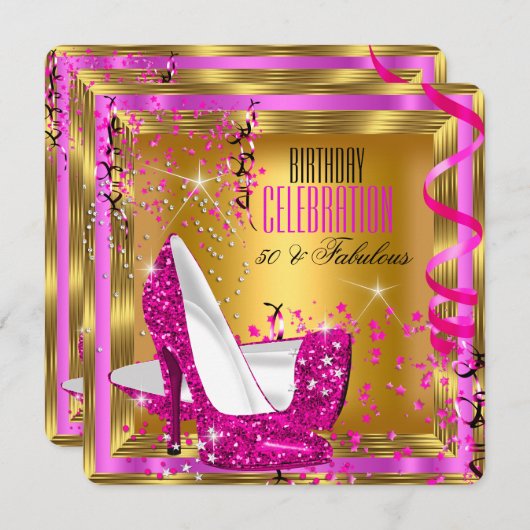 Fantastischer Glitzer Pink High Heels Gold Geburts Einladung (Vorne/Hinten)