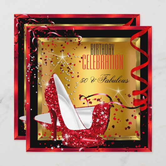 Fantastischer Glitzer Red High Heels Gold Geburtst Einladung (Vorne/Hinten)