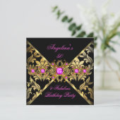 Fantastischer Hot Pink Gold Black Damask Einladung (Stehend Vorderseite)