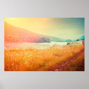 Fantastischer nebeliger Fluss mit frischem Gras in Poster