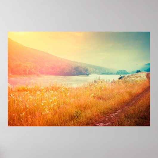 Fantastischer nebeliger Fluss mit frischem Gras in Poster (Vorne)