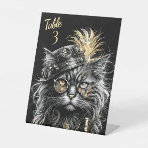 Fantastischer Steampunk-Katze-Tisch Nummer Sockelschild