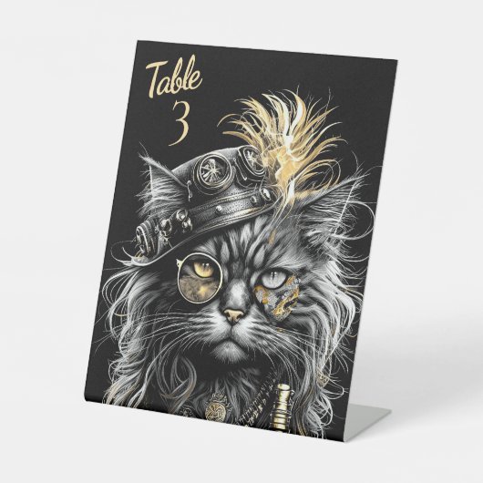 Fantastischer Steampunk-Katze-Tisch Nummer Sockelschild (Vorderseite)